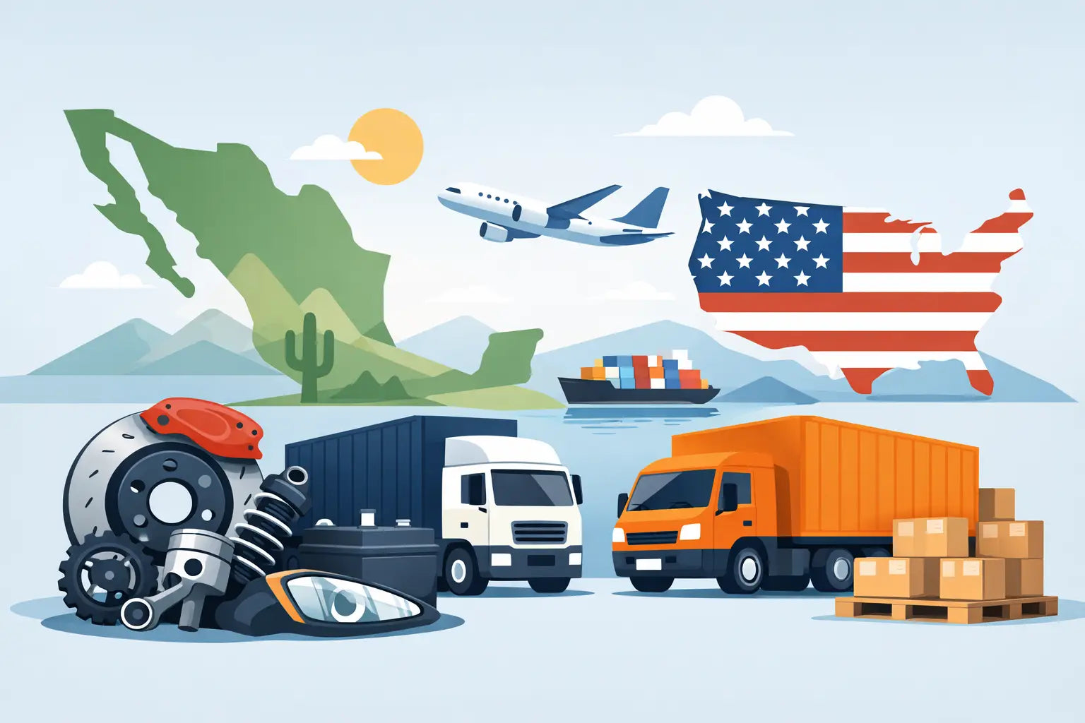 Envío de autopartes a México y Estados Unidos